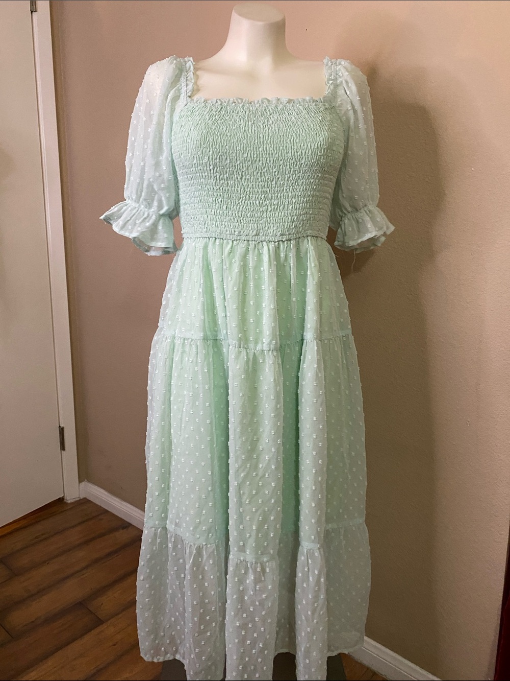 Merokeety Light Mint Swiss Dot Puff Sleeve retro 70s Maxi Dress 💚